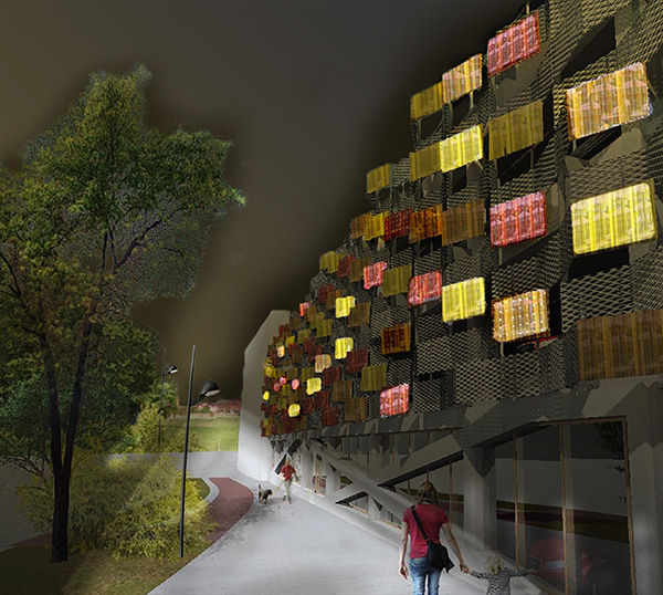 Vallastaden får Parkeringshus med fasad av transparenta solceller fasad natt web